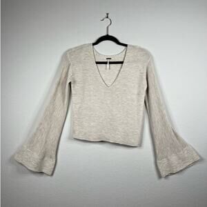 Free People Starman V-Neck Pullover Top Ribbed Bell Sleeve Small Cream